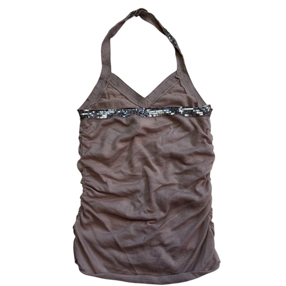 LaROK Cashmere Halter Top Size Medium Dusty Pink Mauve Sequin Trim Ruching NWOT - Picture 4 of 12
